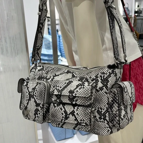 MICHAEL KORS Dakota Medium Snake Embossed Leather Pocket Shoulder Bag ALUMINUM