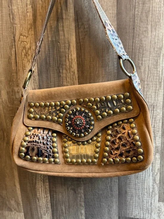 Leather Rock USA Hand made Studded Brown Suede Shoulder Bag with Embossed Panels
