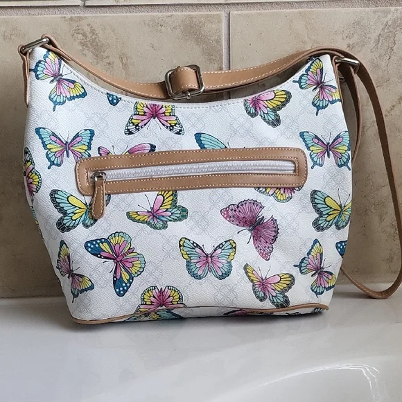 Kim Rogers Butterfly Print White and Tan Women's Bag