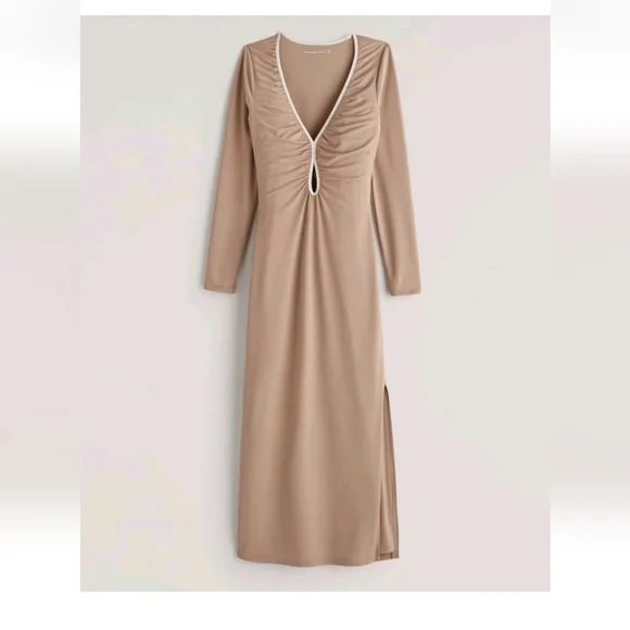 Abercrombie Beige Long Sleeve V-Neck Maxi Dress with Ruched Front