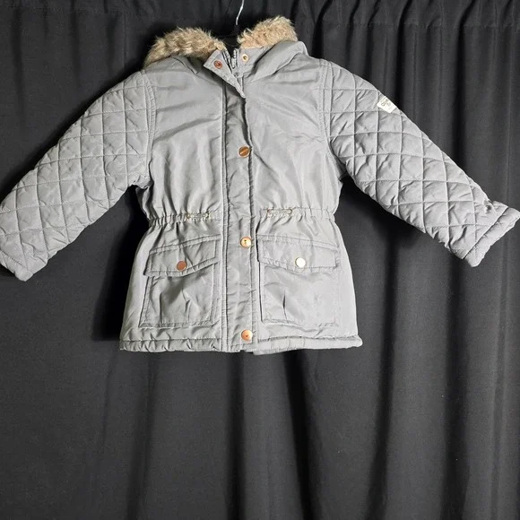 OshKosh B'gosh Girls Gray Quilted Parka Jacket Faux Fur Hood Rose Gold Snaps 4T