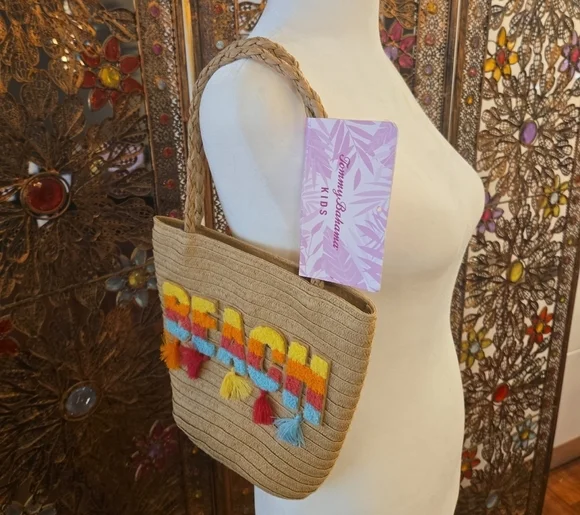 NWT Tommy Bahama Kids Beach Woven Tote with Colorful Tassels