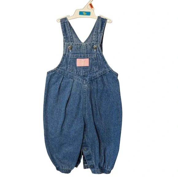 VTG Baby OshKosh B'Gosh Overalls Blue Denim‎ Vestbak Snap Crotch 3/6M Kids Girls