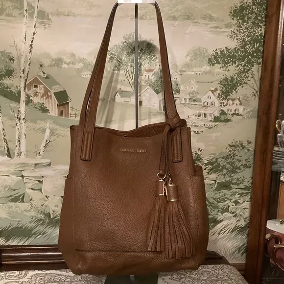 MICHAEL Michael Kors Brown Pebbled Leather Shoulder Bag with Tassels