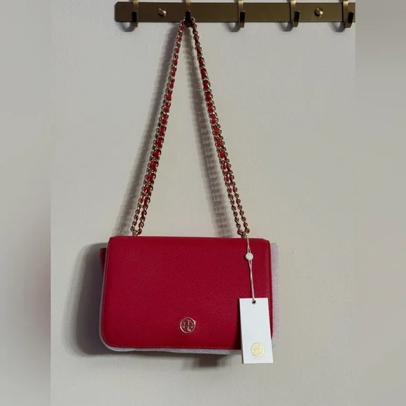 TORY BURCH Pebbled Leather Shoulder Bag With Adjustable Chain Vermillion Red