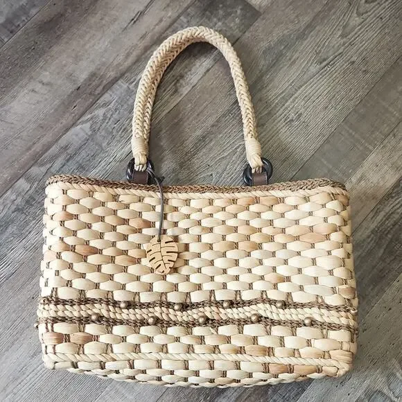 Woven Tan and Brown Cornhusk Purse Handbag‎ Boho Native Neutral Beaded Tropical