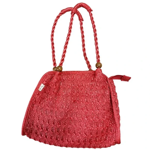 The Last Straw Holiday Fair Inc Red Woven Straw Handbag Wood Bead Rope Handle