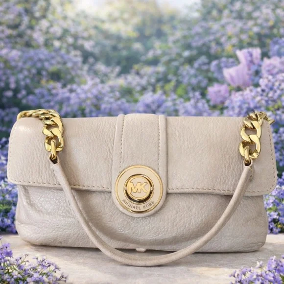 Michael Kors Cream Soft Pebbled Leather Shoulder Bag Gold Chain Turn Lock Ivory