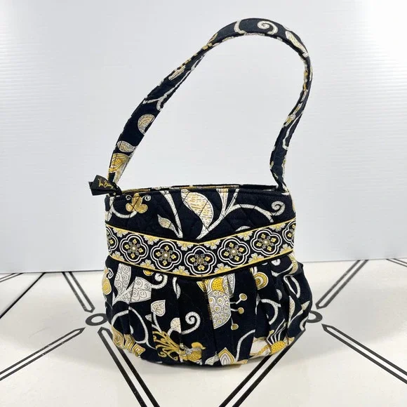 Vera Bradley‎ Night Owl Pleated Hobo Shoulder Bag Black Yellow Quilted Floral