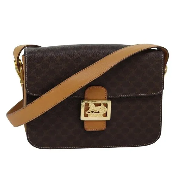 CELINE Macadam Canvas Shoulder Bag PVC Leather Brown Auth 83573