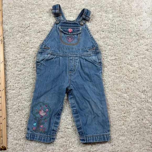 OshKosh B'gosh Baby Girl Denim Overalls Heart‎ Bird Tree Embroidery 9 Months