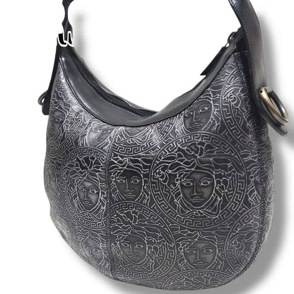 Vintage Versace Black Embossed Medusa Black Leather Women's Hobo Shoulder Bag