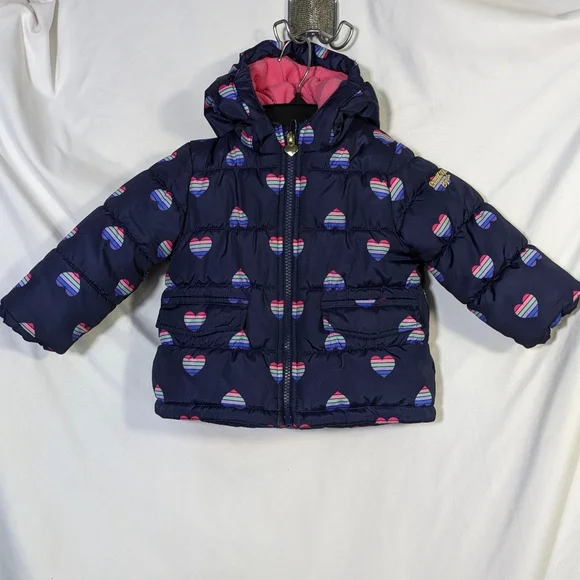 Kids OshKosh B'Gosh Girl's Puffer Warm Winter Coat Navy With Hearts 12‎ Months