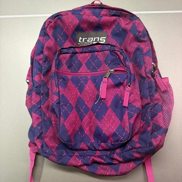 Trans by Jansport Backpack Purple Blue Pink Girls Diamond Pattern Zip Pockets