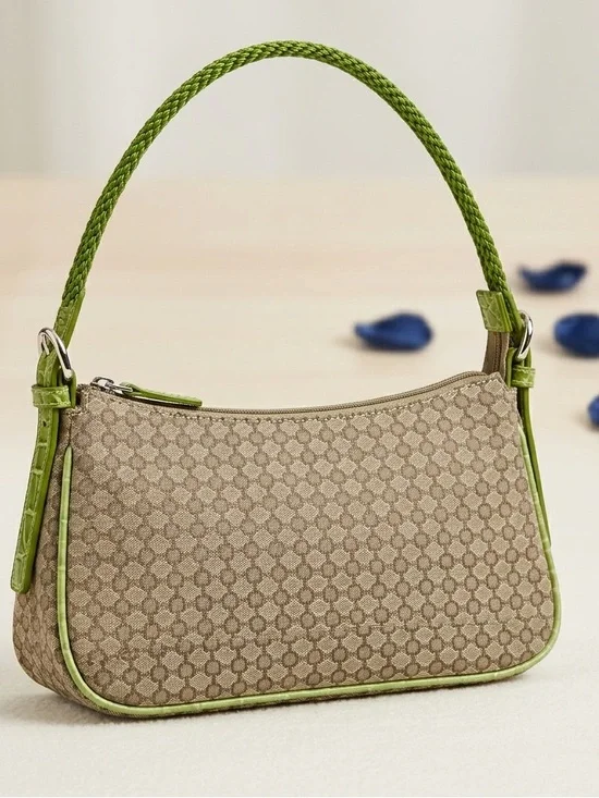 Nine West Vintage Y2K Mini Shoulder Bag Green Croc Embossed Trim Geometric Tan