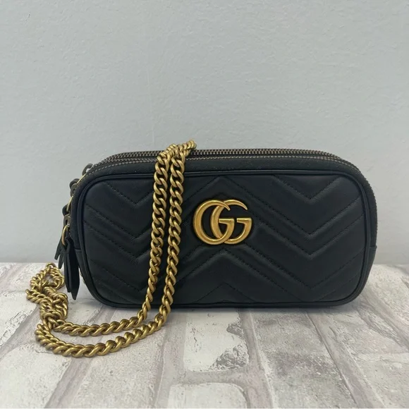 Gucci GG Marmont Triple Zip Chain Bag Matelasse Leather Mini in Black - Preowned
