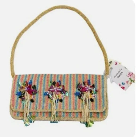 Beaded Stripe Floral Tassel Baguette Shoulder Bag Handcrafted in India NWT