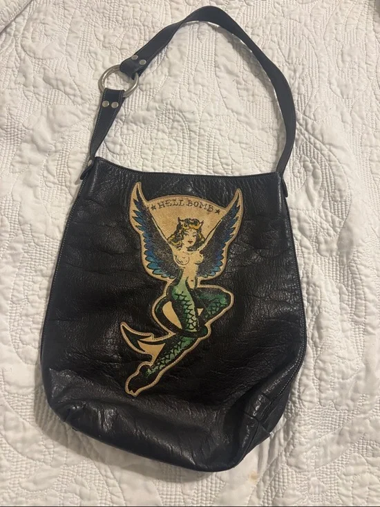 Lucky girl Black Leather Women’s  Bag Mermaid Patch handmade one of a kind