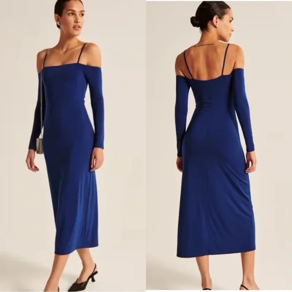 ABERCROMBIE & FITCH Blue Off Shoulder Long Sleeve Maxi Dress