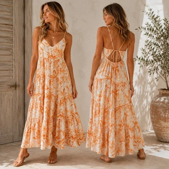 Abercrombie & Fitch Floral Tiered Maxi Dress Womens Size S Orange Linen Blend