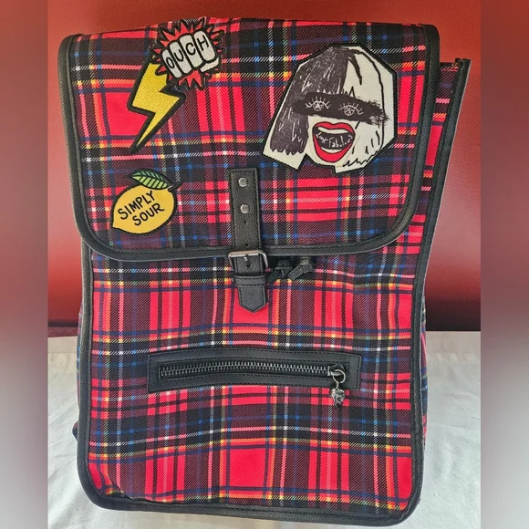 Disney Cruella DeVil Backpack,  Red Plaid, Full Size With Patches. NWOT