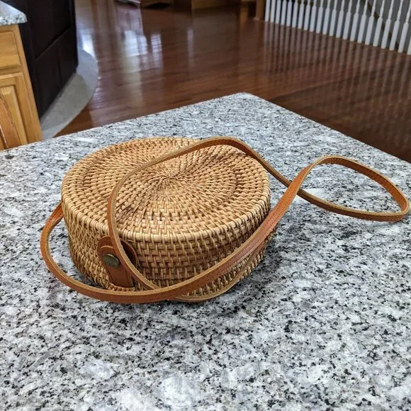 Small Woven Rattan Circle basket bag, Black and White Floral interior, pockets