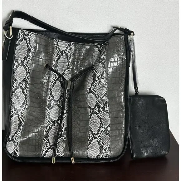 Snakeskin Print Tote Bag Silver Black Faux Leather Shoulder Tote w/ Clutch