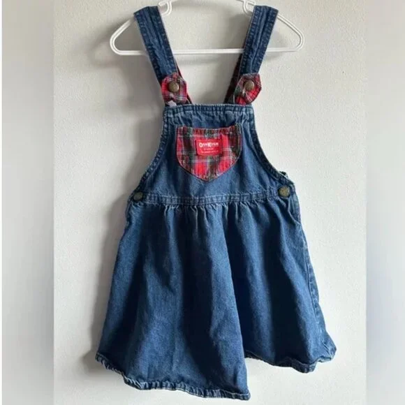 OshKosh BGosh Vintage Red Plaid Holiday Overall Dress Jumper