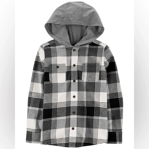 OshKosh B'gosh Black, Gray & White Hooded Flannel Shirt | 3T