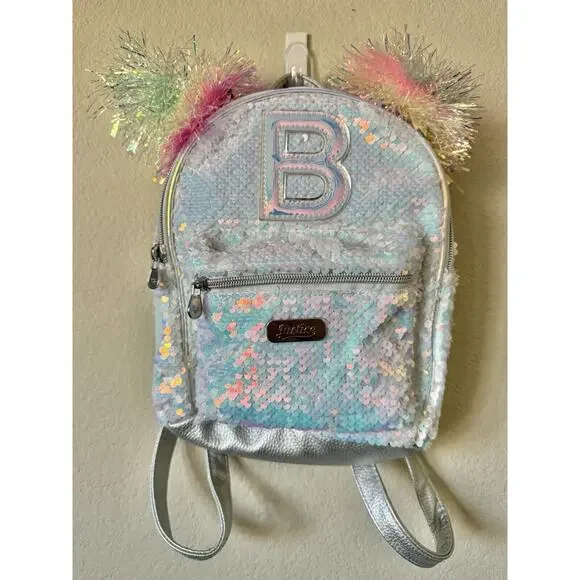 Justice Iridescent Holographic Sequins Pom Pom Letter B Zip Up Mini Backpack