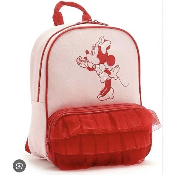 Disney Minnie Mouse Girls Pink/Red Backpack Zip Ruffle Pocket Adjustable