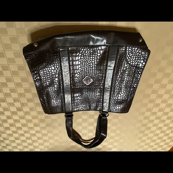 Coldwater Creek Brown Silver Purse Tote Bag‎ Handbag Reptile EUC 13” X 16” Zip
