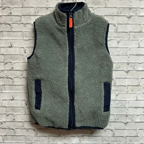 OshKosh BGosh Gray Sherpa Toddler Boys Size 4 Vest Navy Trim Lined Pockets