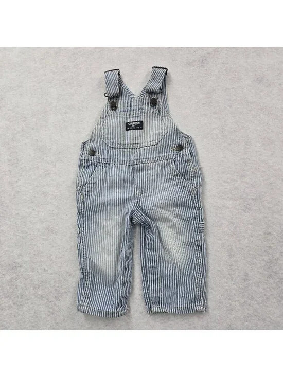 Oshkosh Bgosh Blue Striped Denim Bib Overalls Sz 6 Month Train Conductor EUC