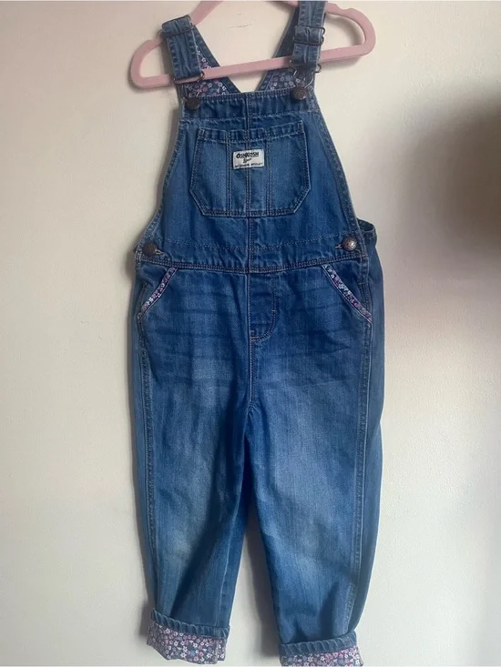 OshKosh B'gosh Blue Denim Overalls with Floral Trim size 5T