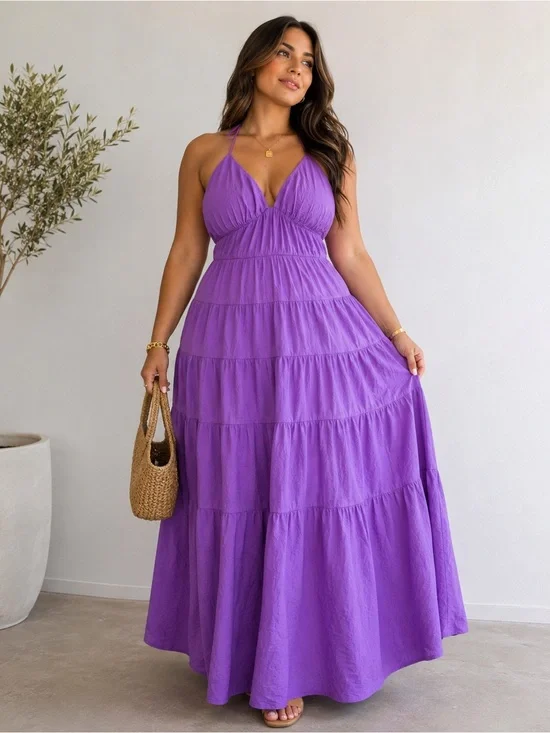 Abercrombie & Fitch Vibrant Purple Halter Tiered Maxi Dress