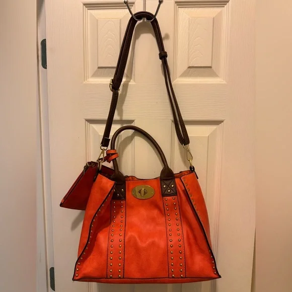 Alyssa Orange and Brown Leather‎ Shoulder Bag with Gold Clasp