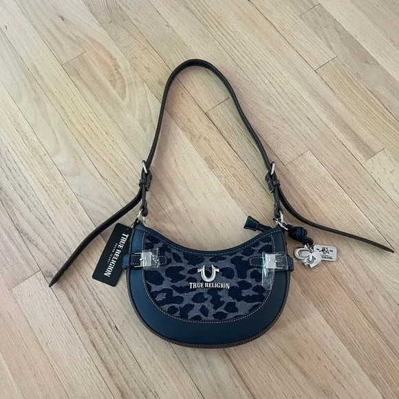 True Religion Women Navy Blue Leopard Print Denim Crescent Shoulder Bag‎ New