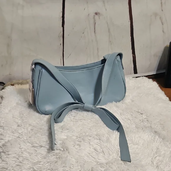 Mali + Lili Baby Blue Faux Leather Shoulder Bag‎ with Bow Detail