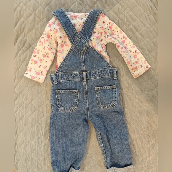 12M Oshkosh B'gosh Denim Overalls With A Long Sleeve Onesie