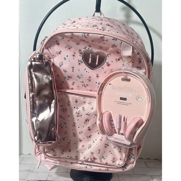Locker Club Pink Floral Backpack Headphones and Pencil Case 3‎ Piece Set New