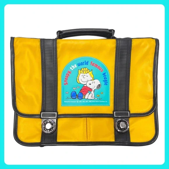 1988 Vintage Snoopy Sally Peanuts Backpack‎ Briefcase Yellow Nylon Kids Japan