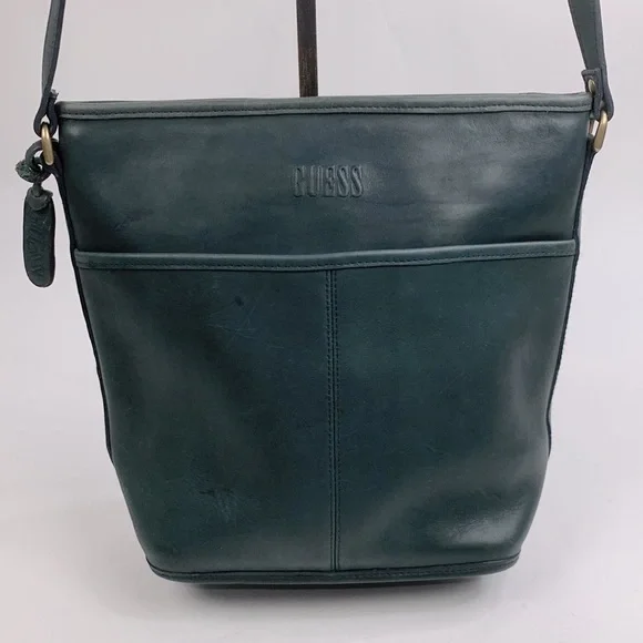 Guess Vintage Shoulder Bag Zip Close Pocket Dark Gray Black Genuine Leather