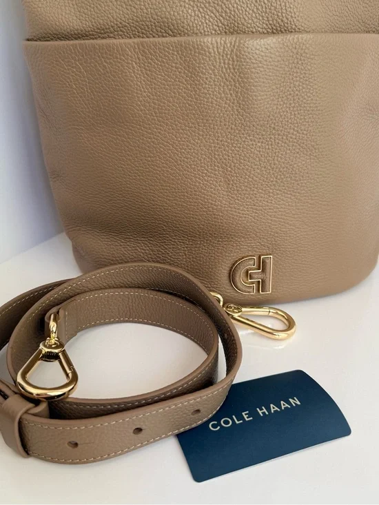 Cole Haan Pebbled Taupe Leather Shoulder Bag with Gold Hardware