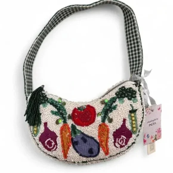 Handcrafted in India Vegetable Beaded Shoulder Bag Gingham Interior Tassel NWT