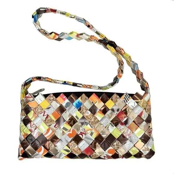 Upcycled Candy Wrapper Woven Crossbody Shoulder Bag Multicolor Eco Friendly Fall