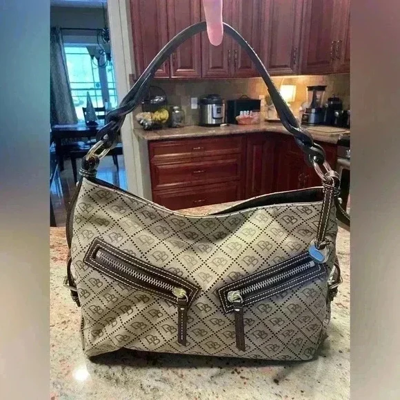 Dooney & Bourke Tan/Brown Jacquard DB Monogram Y2K Hobo Leather Shoulder Bag