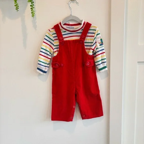 OshKosh B'Gosh Vintage 80's Rainbow Striped Mock Neck 18 mos Shirt Red Overalls