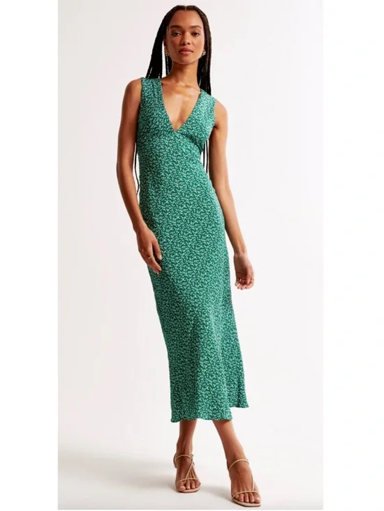 Abercrombie & Fitch Tall Ditsy Floral Pleated Woven V-Neck Column Maxi Dress Med