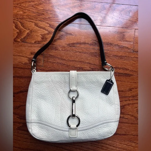 Coach White Leather Shoulder Bag with Black Strap and Silver Hardware